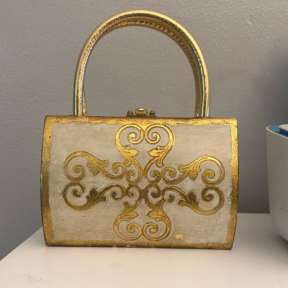 Vintage Italian Florentine Gilt Gold White Wooden Toleware Tole Purse